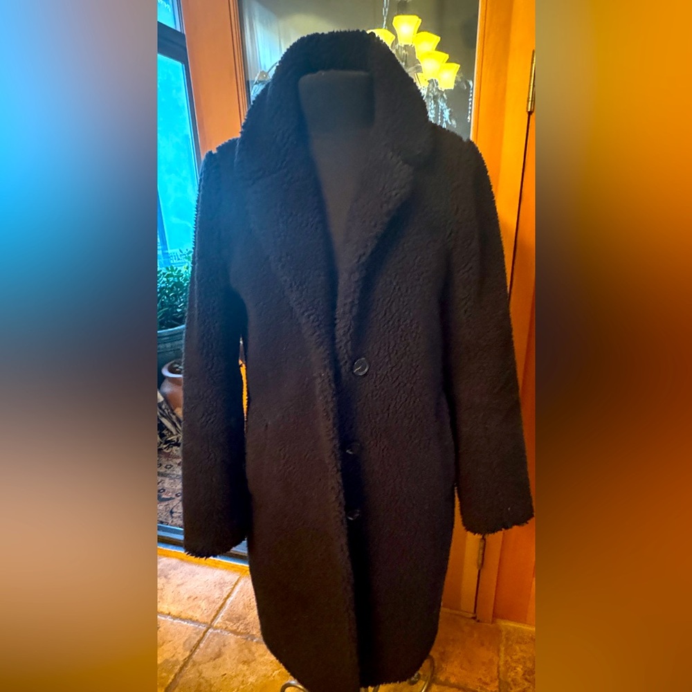 Faux fur black Sherpa fleece mid length coat.